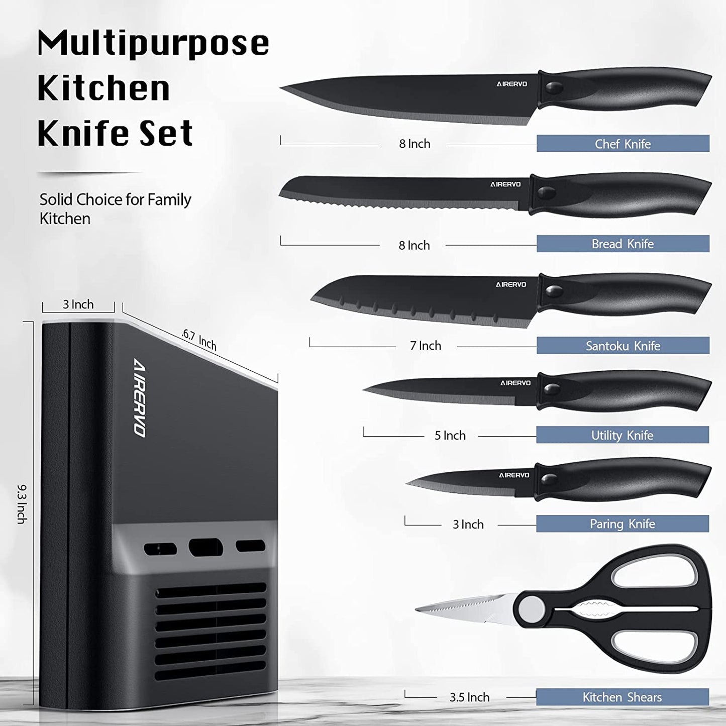 Kitchen Knife Set with Block, 7 Pieces Chef Knife Set with Knives, Scissor, Block for Meat/Fruits/Vegetables Chopping, Slicing, Dicing&Cutting