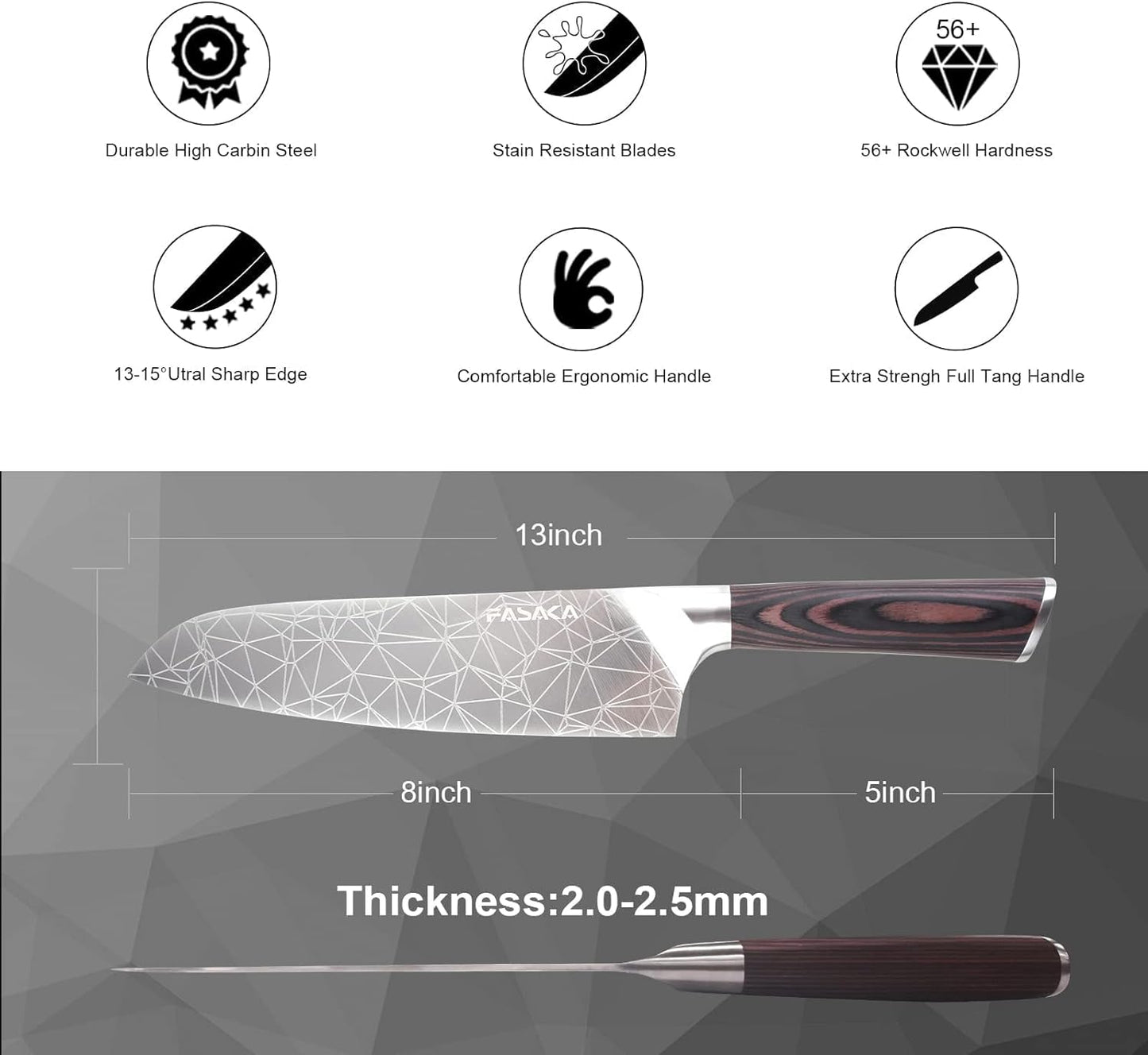 8 Inch Santoku Knife, Japanese Chef Knife, Professional Knife for Kitchen, German High Carbon Stainless Steel Full Tang Handle Sharp Durable Kitchen Knife Ideal for Housewarming Gift
