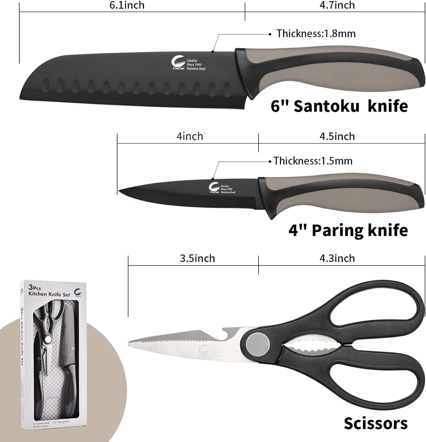 Kitchen Knife, 3 Pcs Knife Set with Multifunctional Kitchen Scissors, Santoku Knife, Paring Knife, Black Knife Set for Chef Paring Cutting Slicing Dishwasher Safe (Anti-Slip Handle)