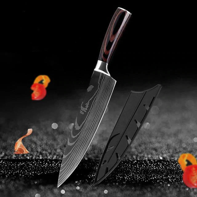 Damascus Etching High Grade Stainless Steel Super Sharp Kitchen Knife Set - 8" Chef - Knife Depot Co.
