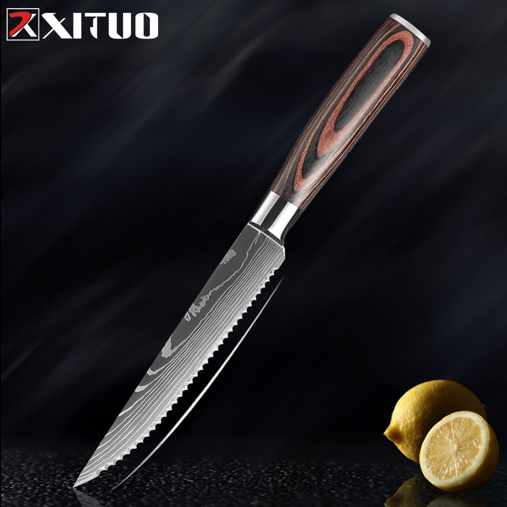 KD Sharp Steak Knife Set Damascus steel pattern Serrated Meat Slicing Knife Multipurpose Restaurant Cutlery Chef Knives 1-6Pc