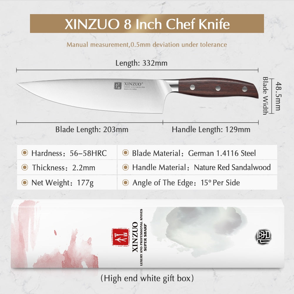 KD 8'' Chef's Knife German Steel Kitchen Knives Red Sandalwood Handle