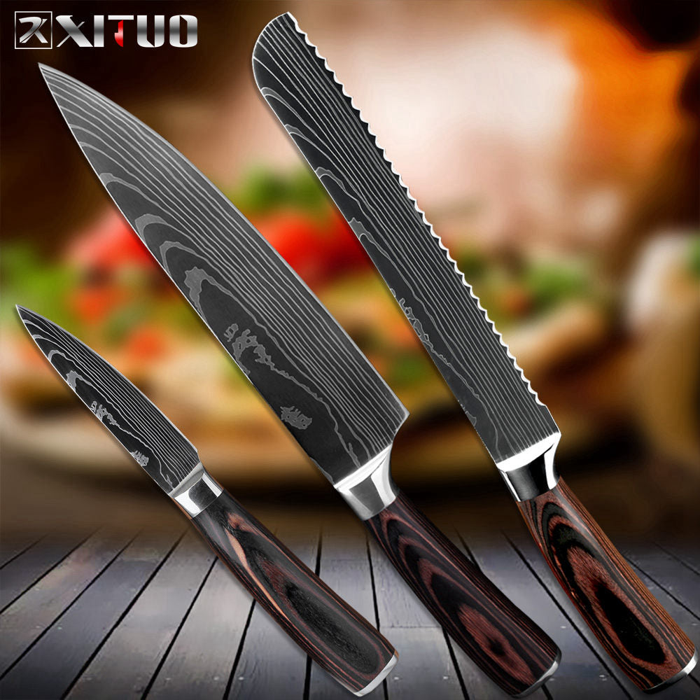 KD Damascus Pattern Stainless Steel Chef Carving Bread Knife Set