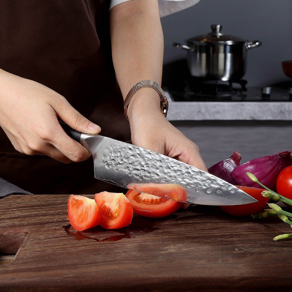 KEEMAKE 8 inch Chef Knife Hammer Damascus AUS-10 Steel Blade Chef Kitchen  Knives G10 Handle Sharp Meat Vegetable Cutting Tools