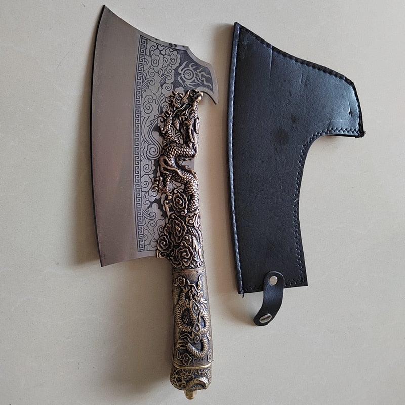 KD 9 Inch Copper Axe Dragon Decor Cleaver Knife
