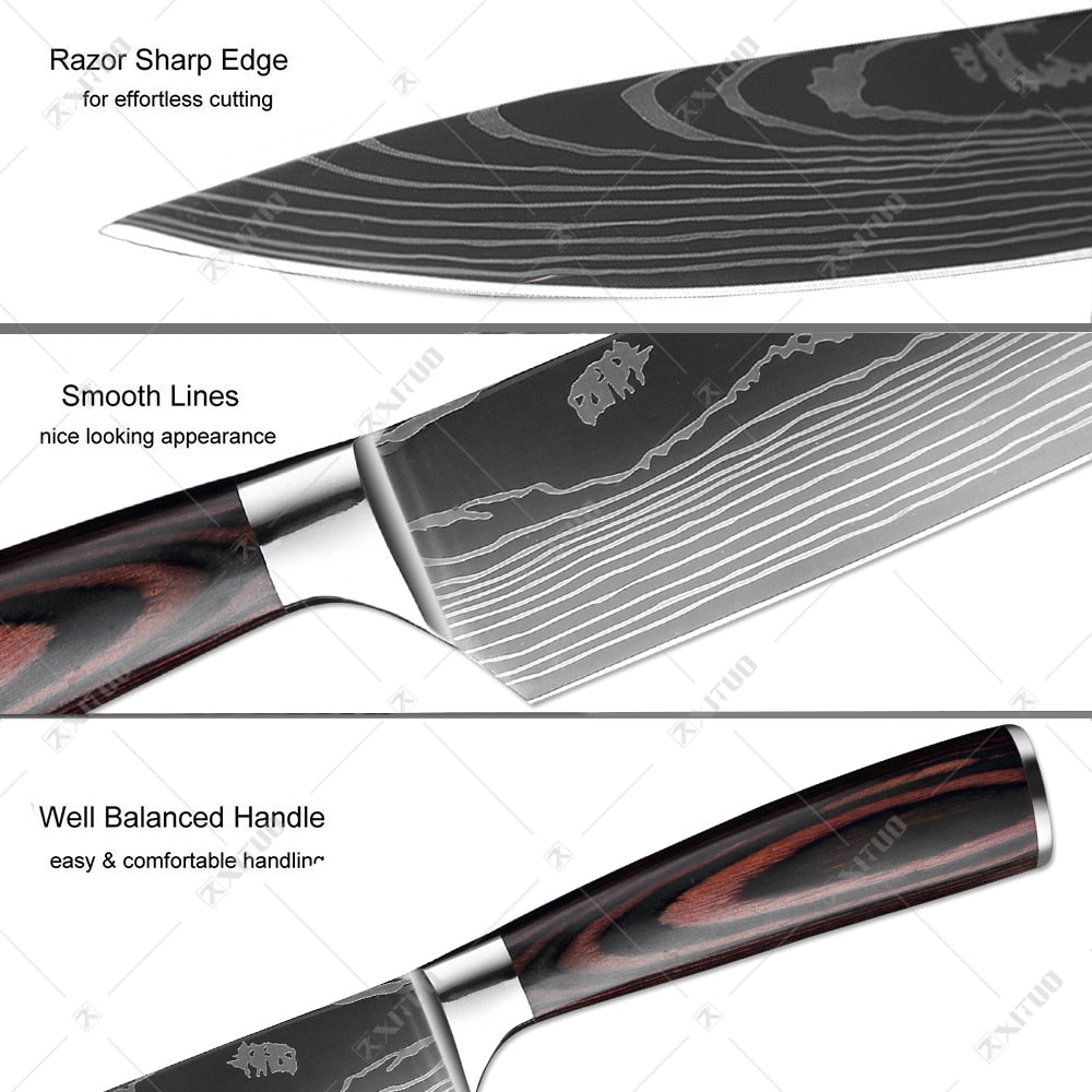 KD Damascus Pattern Stainless Steel Chef Carving Bread Knife Set – Knife  Depot Co.