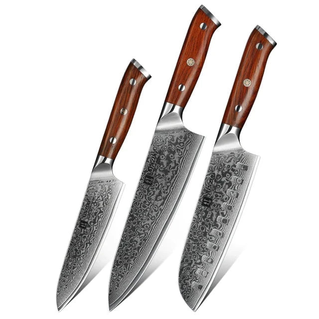 KD 67 Layers Damascus Steel Chef Santoku Utility Knife - 3 pcs set - Knife Depot Co.