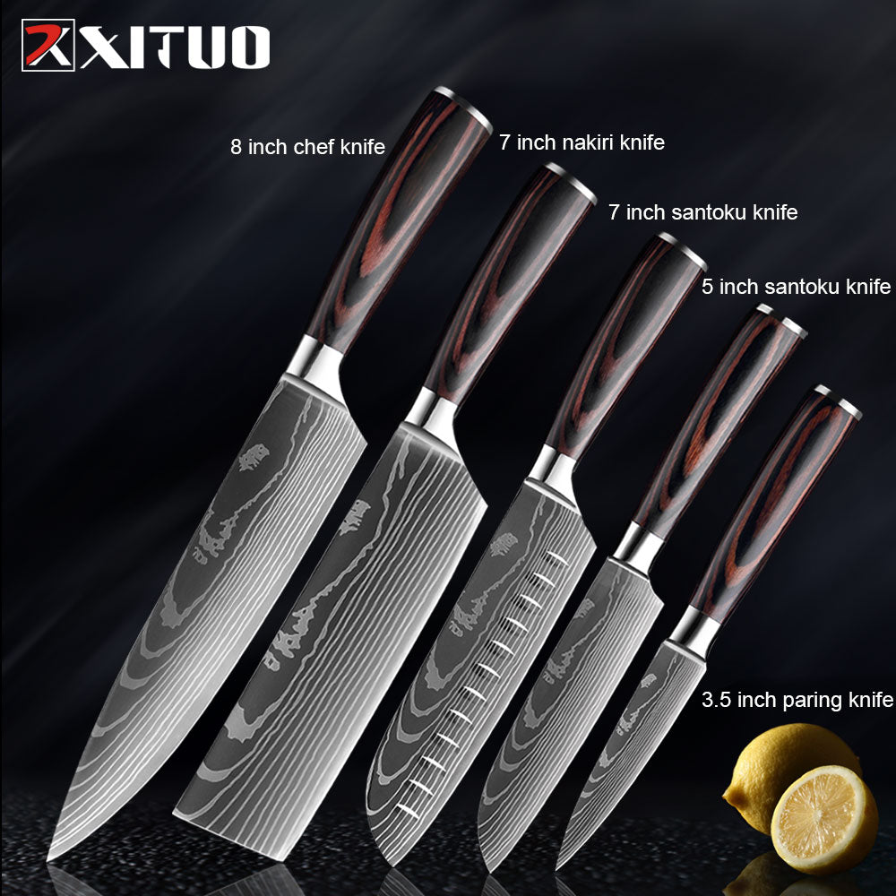 Kitchen Knives-Set Damascus Steel VG10 Chef Knife Cleaver Paring Bread  Knife Blue Resin and Color Wood Handle 1-8PCS set