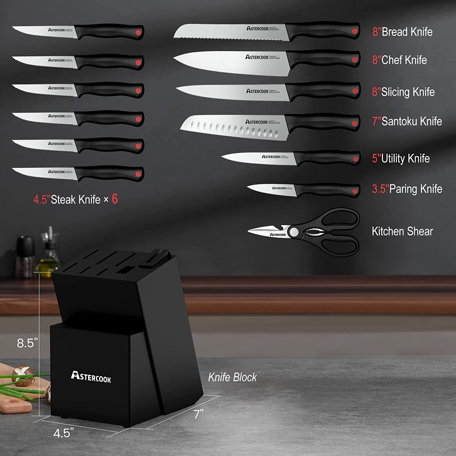 KD 15 Pcs High Carbon Stainless Steel Block Knife Set with Self Sharpening and 6 Steak Knives, Black