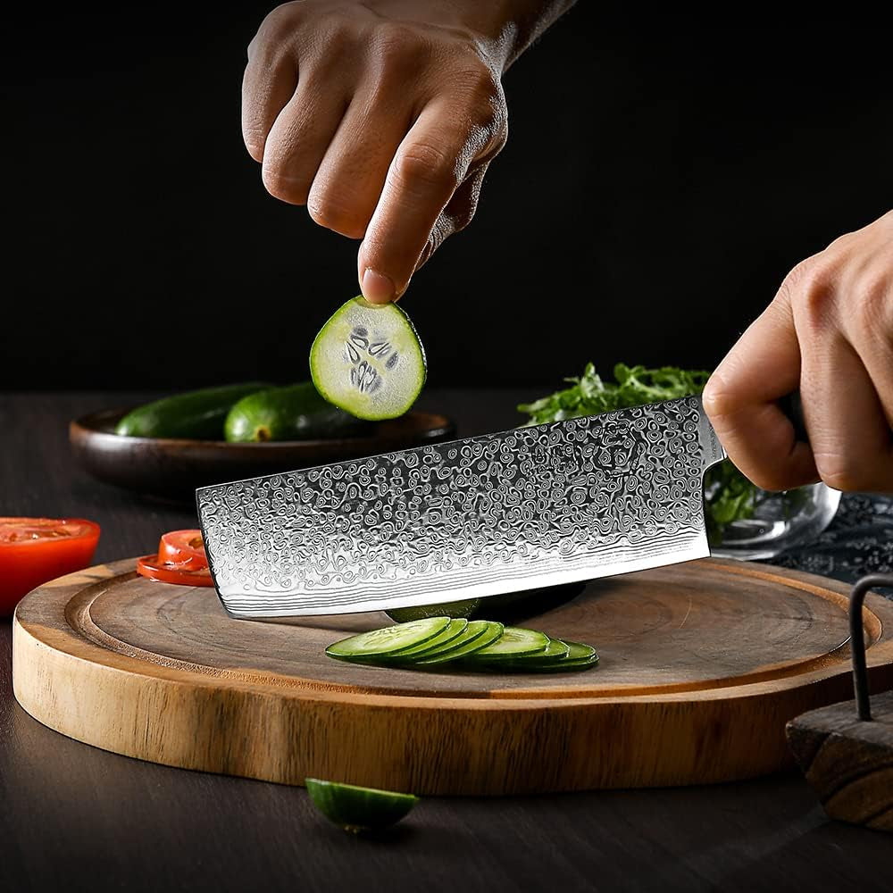 7" Nakiri Knife  Pro Kitchen Knife Damascus VG10 67-Layer Stainless Steel Extra Sharp Damascus Vegetable Meat Cutting Nakiri Knife-Ergonomic Pakka Wood Handle