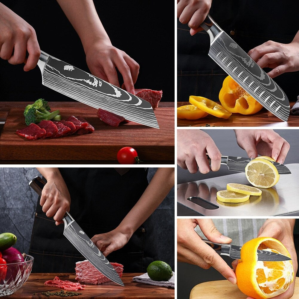 Damascus Etching High Grade Stainless Steel Super Sharp Kitchen Knife Set - Knife Depot Co.
