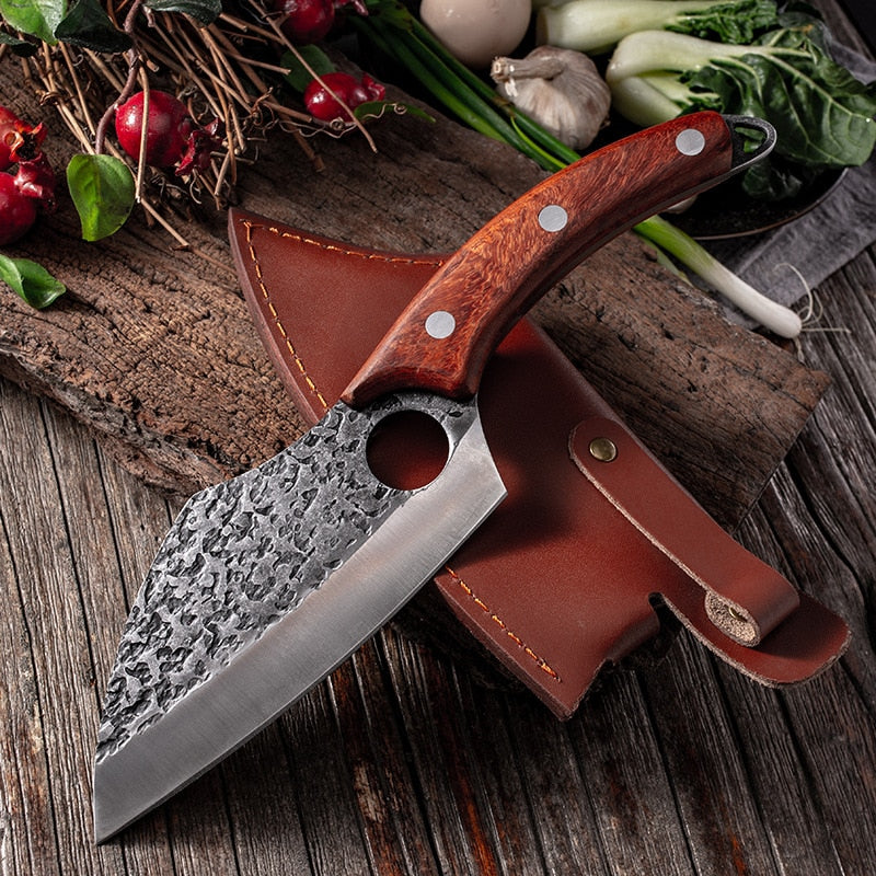 Boning Knife Set Stainless Steel Full Tang Wood Handle Chef Hammered  Slicing Cut