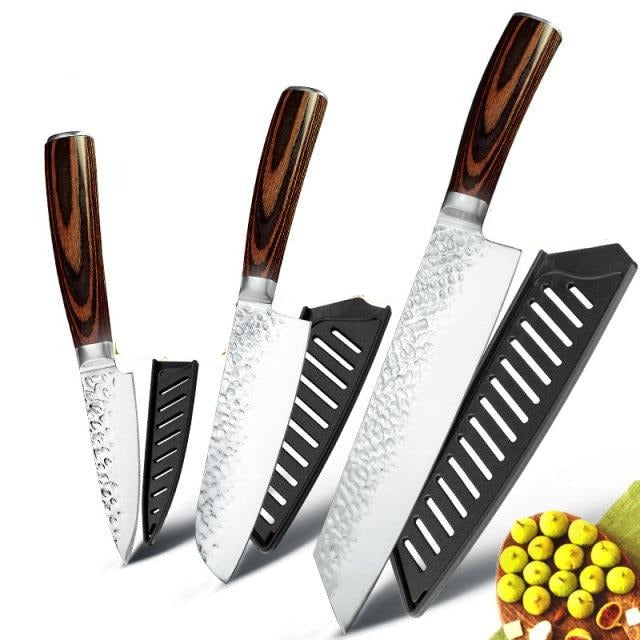 Handmade Forged Japanese Style 440C Stainless Steel Kitchen Knives Set with  Wooden Handles