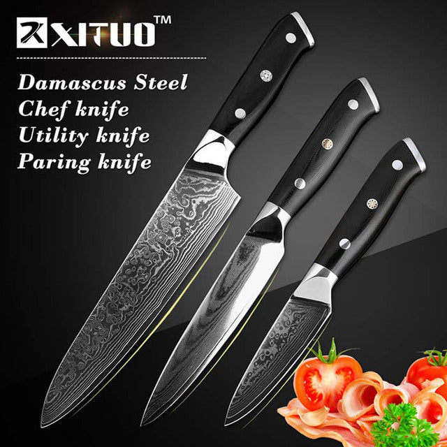 Quality Japanese Chef Knife Santoku Damascus Steel Kitchen Knife - 3 Pcs Set - Knife Depot Co.