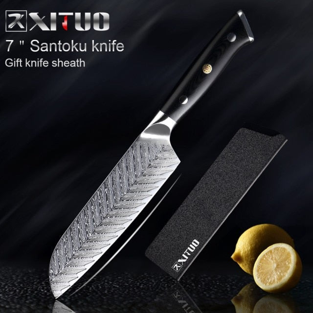 KD Professional Kitchen Damascus Chef Knife With Knives Cover - Santoku Knife - Knife Depot Co.