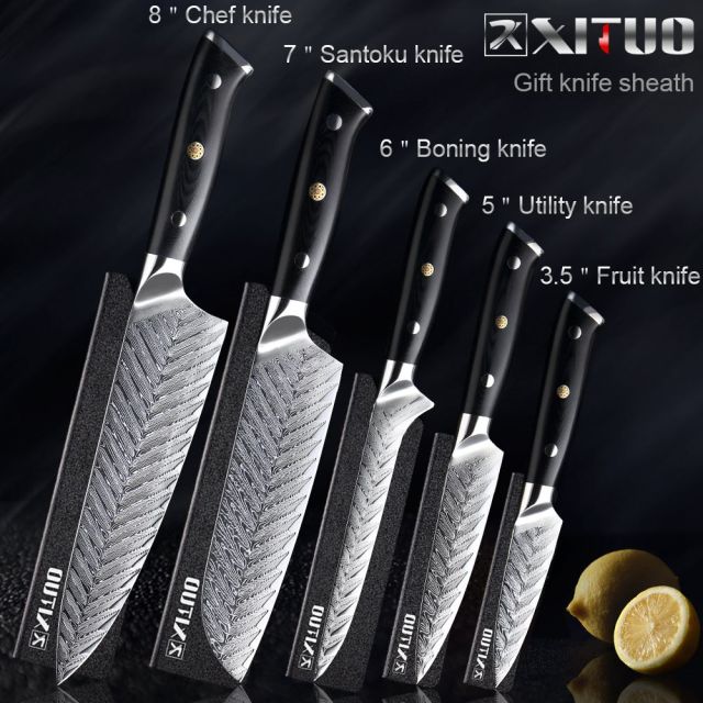 Professional Kitchen Damascus Chef Knife VG10 With Knives Cover - 5PCS Set - Knife Depot Co.