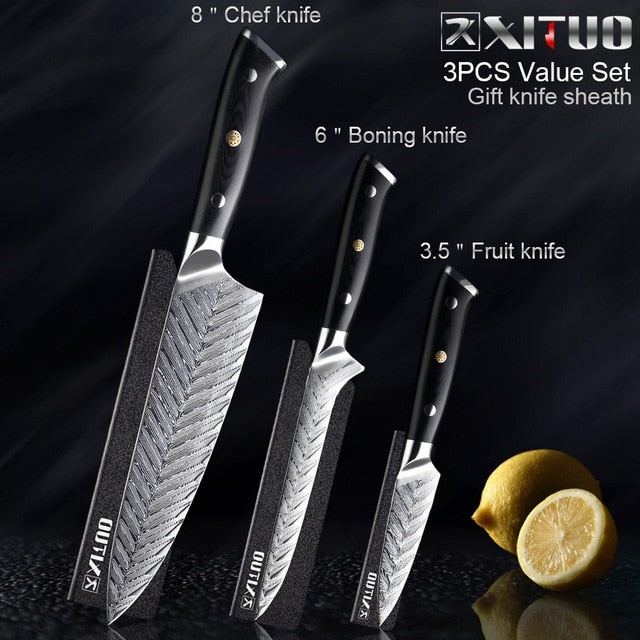 Professional Kitchen Damascus Chef Knife VG10 With Knives Cover - 3PCS Set-1 - Knife Depot Co.