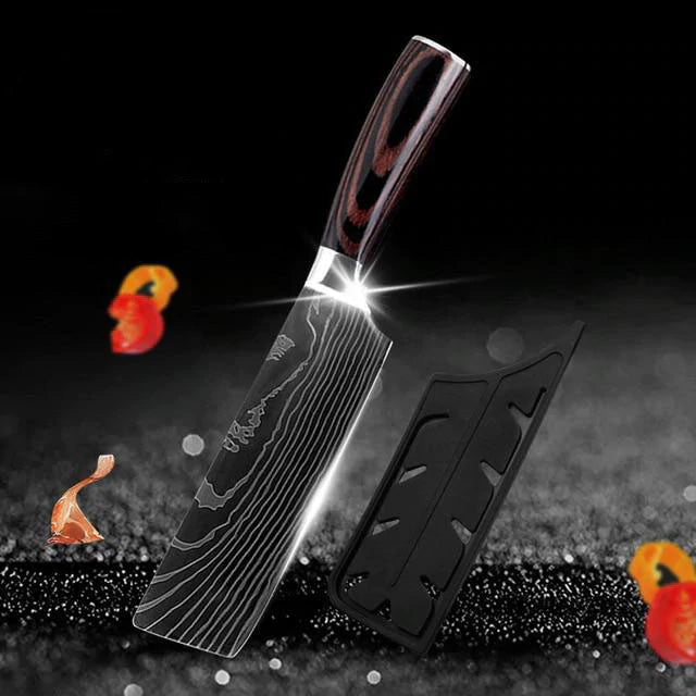 Damascus Etching High Grade Stainless Steel Super Sharp Kitchen Knife Set - 7" Cleaver - Knife Depot Co.