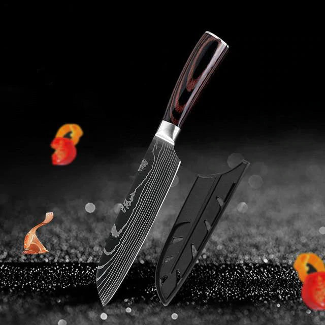 Damascus Etching High Grade Stainless Steel Super Sharp Kitchen Knife Set - 5" Santoku - Knife Depot Co.