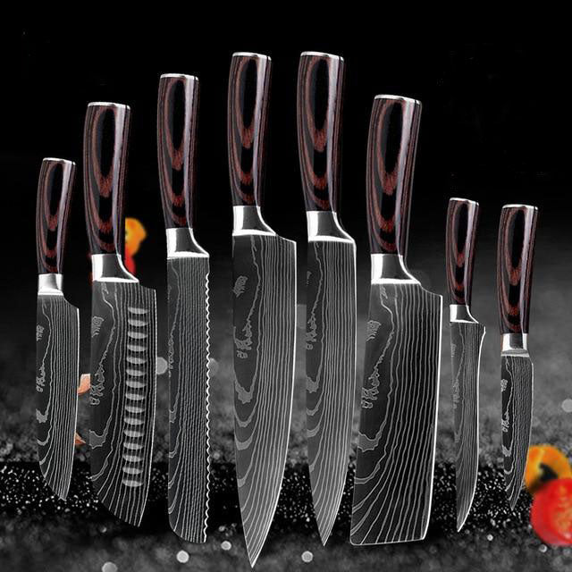 Kitchen Knives Chef knife 1-10 Pcs Set Cheap Laser Damascus Pattern Sharp  Japanese Santoku Knife Cleaver Paring Bread Knife