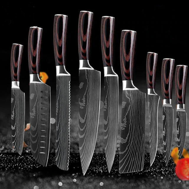 Damascus Etching High Grade Stainless Steel Super Sharp Kitchen Knife Set - 9PCS - Knife Depot Co.