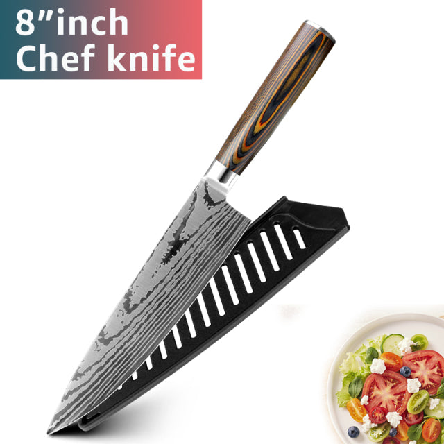 KD Japanese High Carbon Steel Imitation Damascus Knife - 8" Chef - Knife Depot Co.