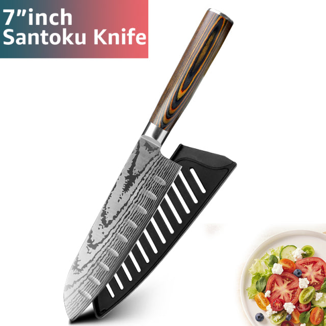 KD Japanese High Carbon Steel Imitation Damascus Knife - 7" Santoku - Knife Depot Co.