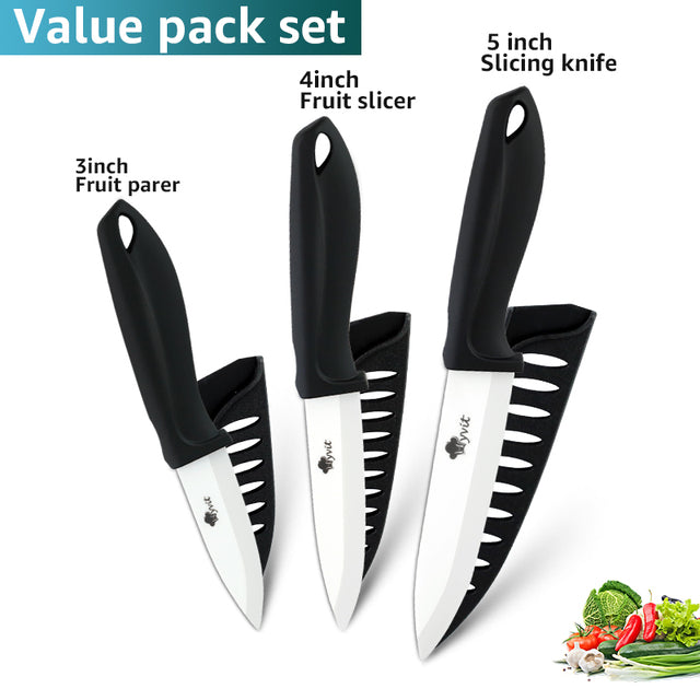 6 Piece Kitchen Knife Set with Sheaths Black Set Ceramic Knife 8 Chef Knife,  8 Slicer Knife,7 Larger Cleaver,5 Utility Knife, One Peeler,Scissors 
